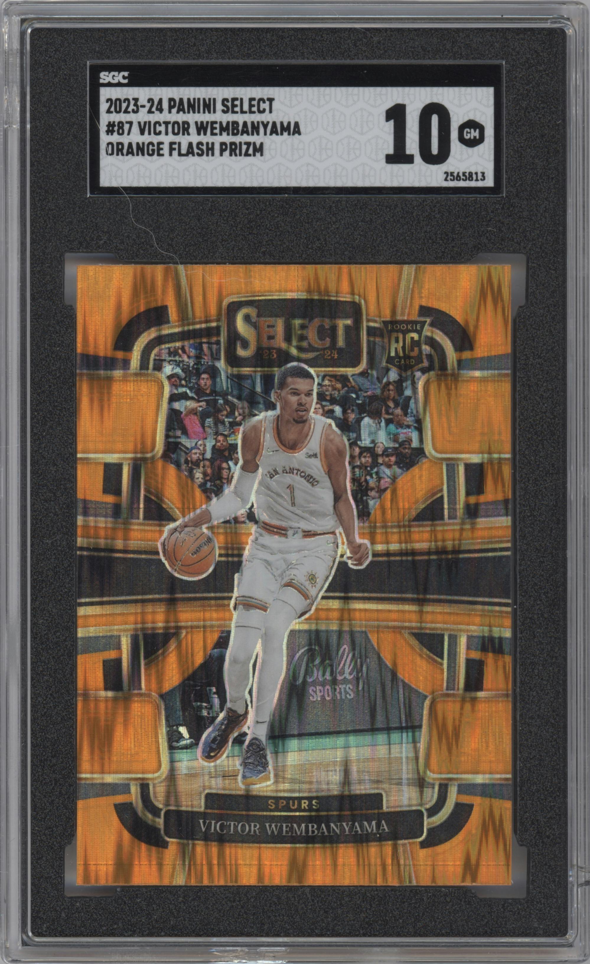 Victor Wembanyama from the 2023-24 Panini Select  set featuring a Orange Flash parallel graded by SGC and given an overall grade of 10.