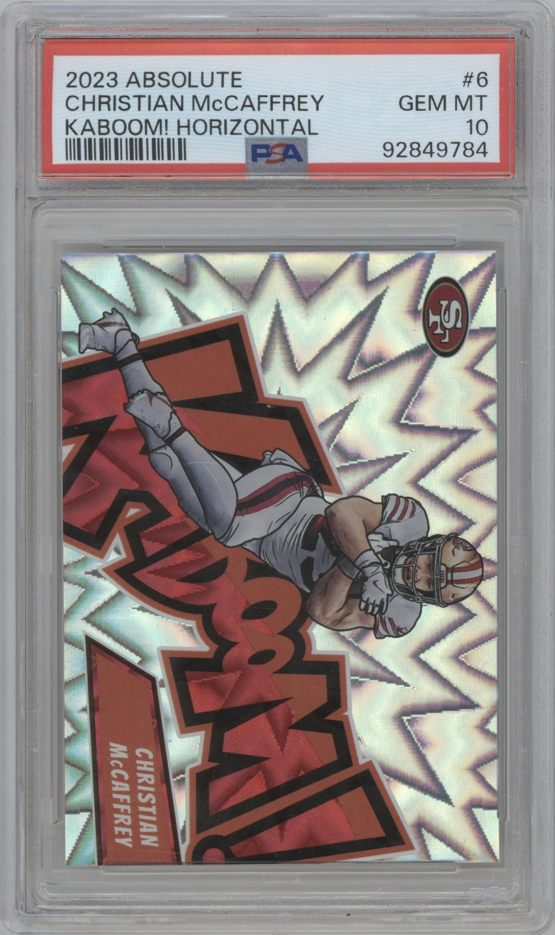 Christian McCaffrey from the 2023 Panini Absolute set graded by PSA and given an overall grade of 10.