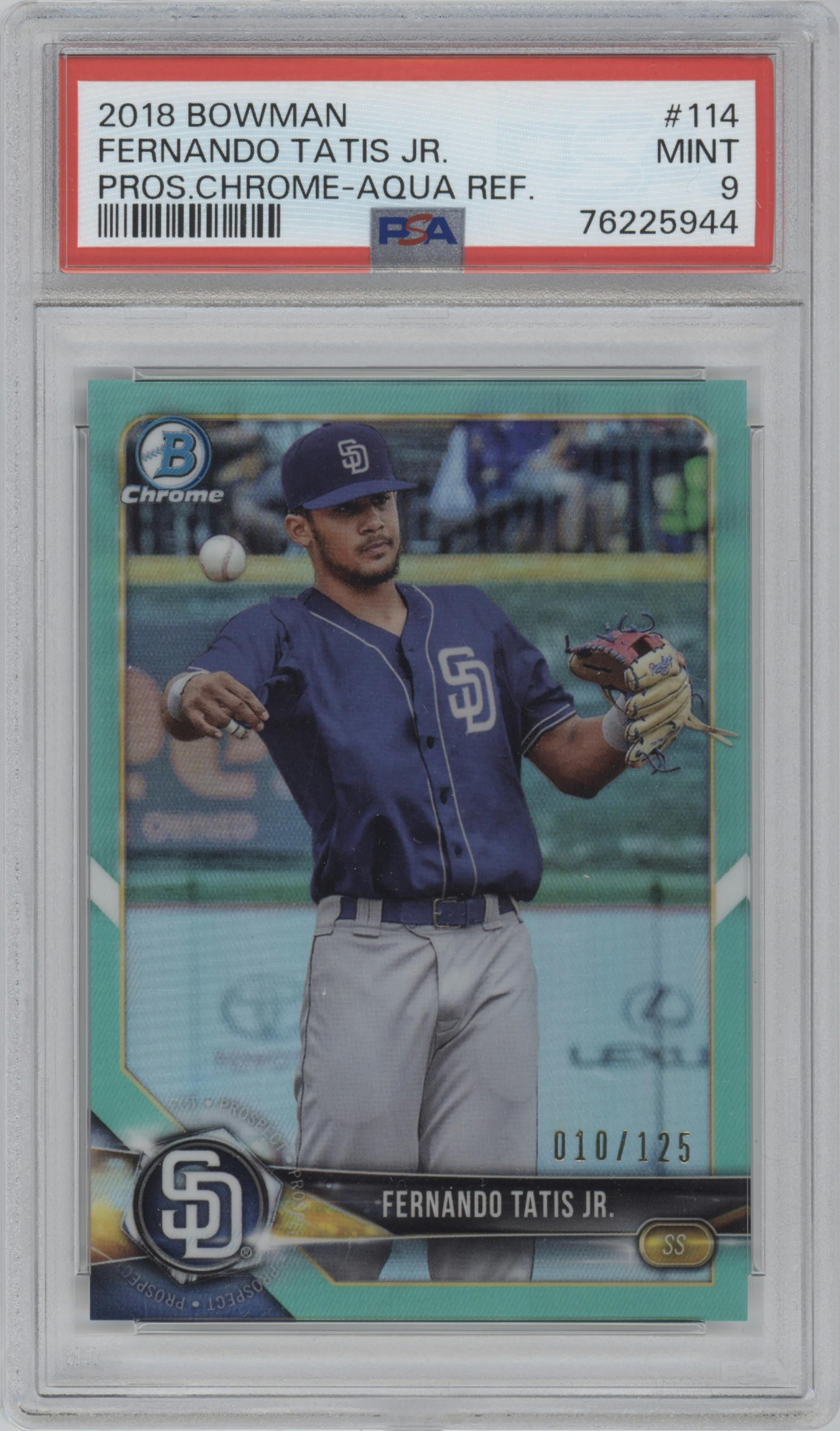 Fernando Tatis Jr. from the 2018 Bowman set featuring a Aqua Refractor  parallel graded by PSA and given an overall grade of 9.