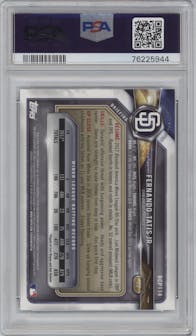 Fernando Tatis Jr. from the 2018 Bowman set featuring a Aqua Refractor  parallel graded by PSA and given an overall grade of 9.