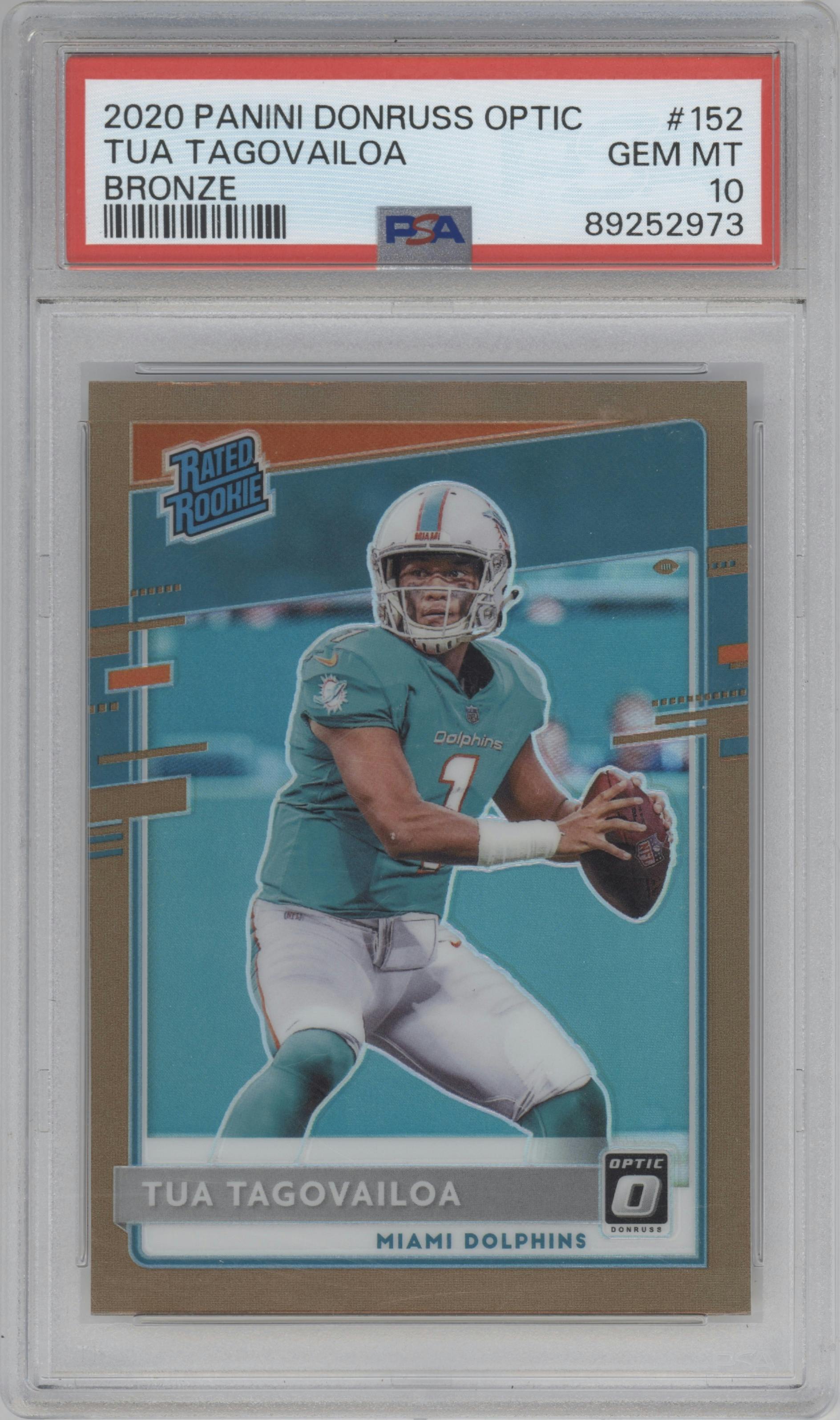 Tua Tagovailoa from the 2020 Panini Donruss Optic set featuring a Bronze parallel graded by PSA and given an overall grade of 10.