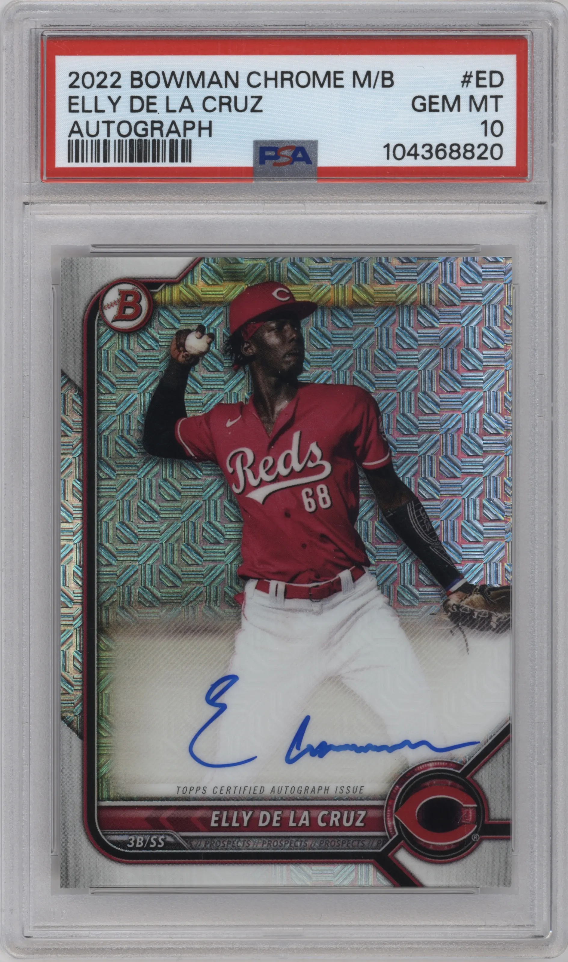 Elly De La Cruz from the 2022 Bowman Chrome Mega Box set graded by PSA and given an overall grade of 10.