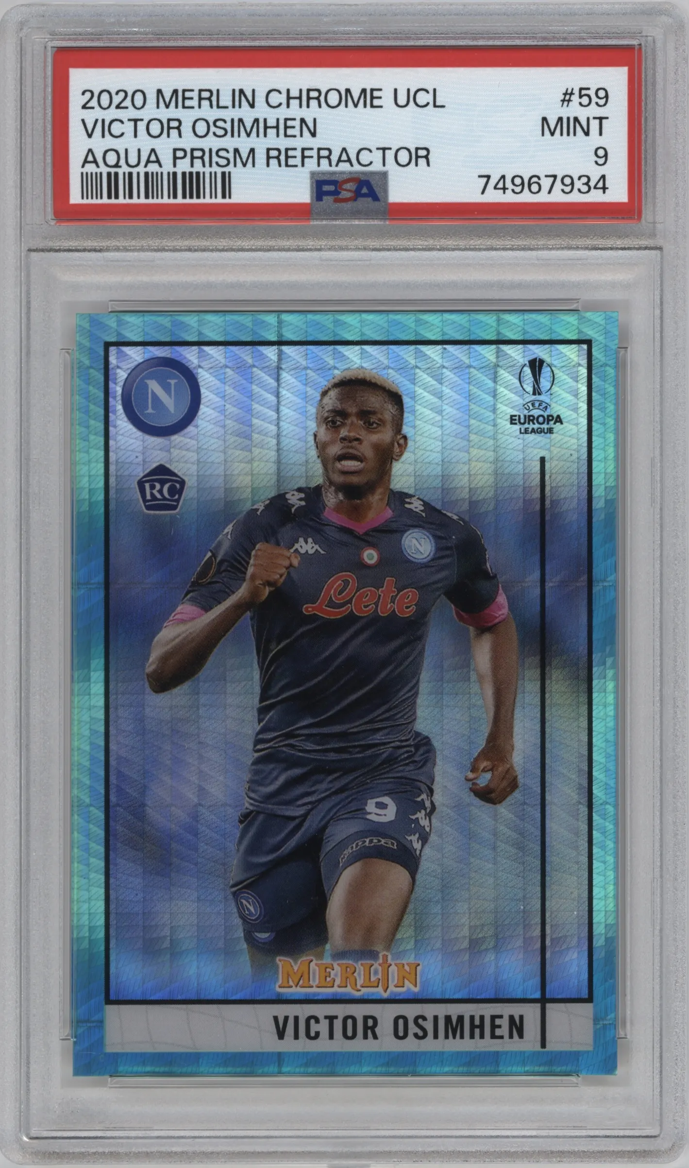 2020 Topps Chrome Merlin UEFA Victor Osimhen Aqua Prism Refractor PSA 9