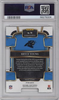 Bryce Young from the 2023 Panini Select set featuring a Die-Cut Zebra Prizm parallel graded by PSA and given an overall grade of 10.