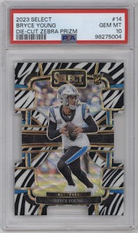 Bryce Young from the 2023 Panini Select set featuring a Die-Cut Zebra Prizm parallel graded by PSA and given an overall grade of 10.