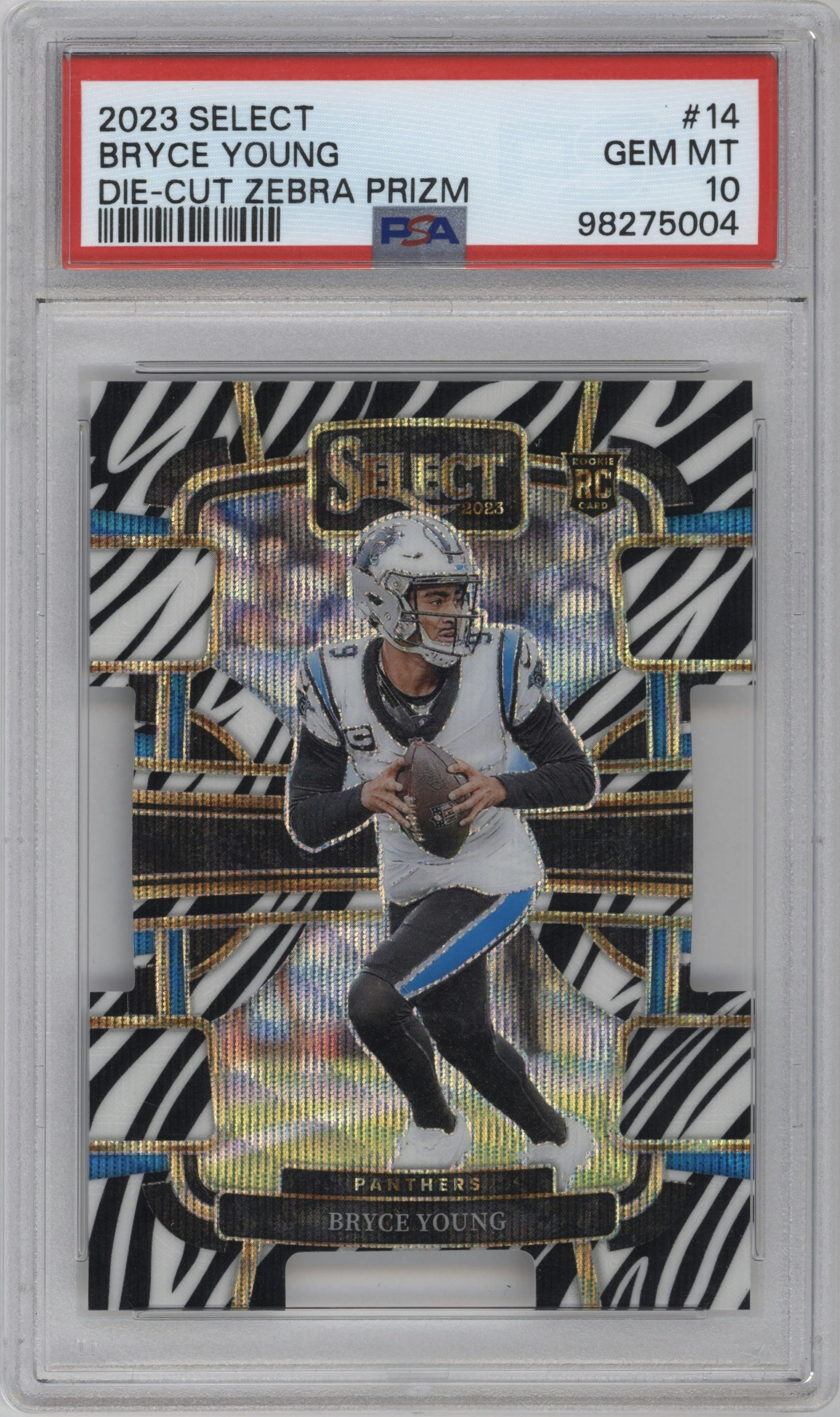 Bryce Young from the 2023 Panini Select set featuring a Die-Cut Zebra Prizm parallel graded by PSA and given an overall grade of 10.