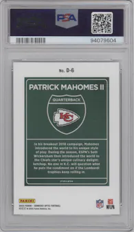 Patrick Mahomes II from the 2023 Donruss Optic set graded by PSA and given an overall grade of 10.