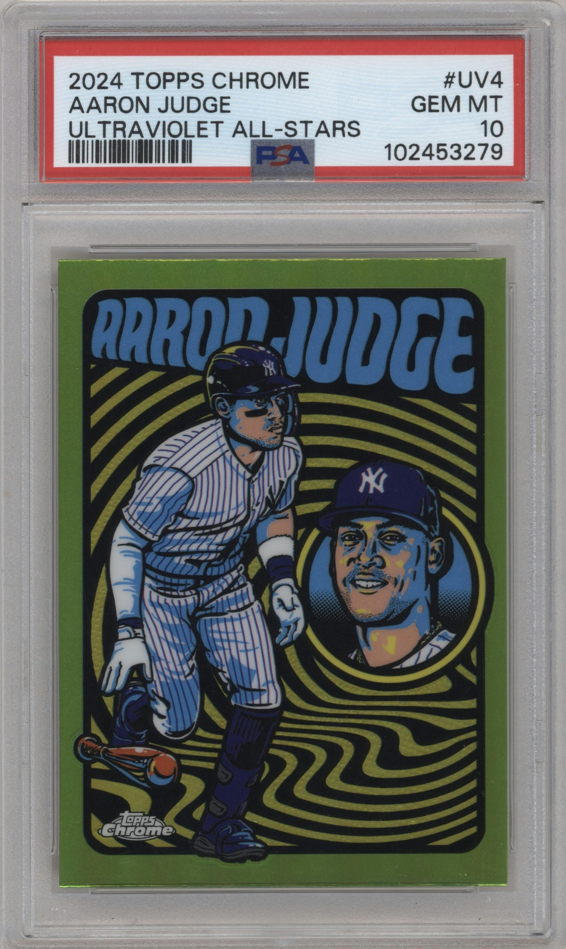 Aaron Judge from the 2024 Topps Chrome set graded by PSA and given an overall grade of 10.