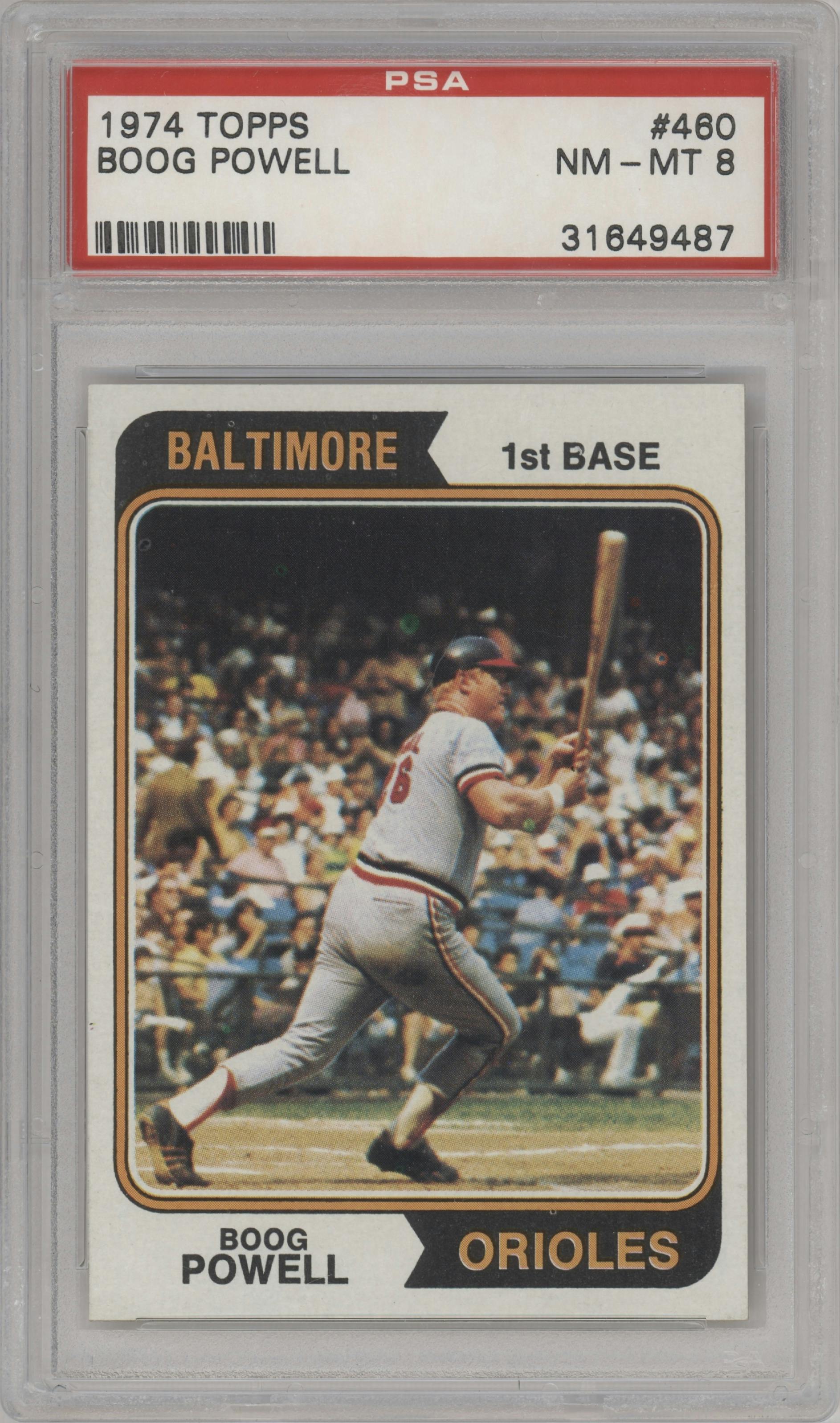 Boog Powell from the 1974 Topps set graded by PSA and given an overall grade of 8.
