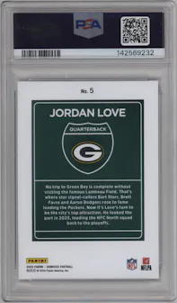Jordan Love from the 2024 Donruss set graded by PSA and given an overall grade of 10.