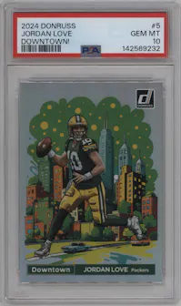 Jordan Love from the 2024 Donruss set graded by PSA and given an overall grade of 10.
