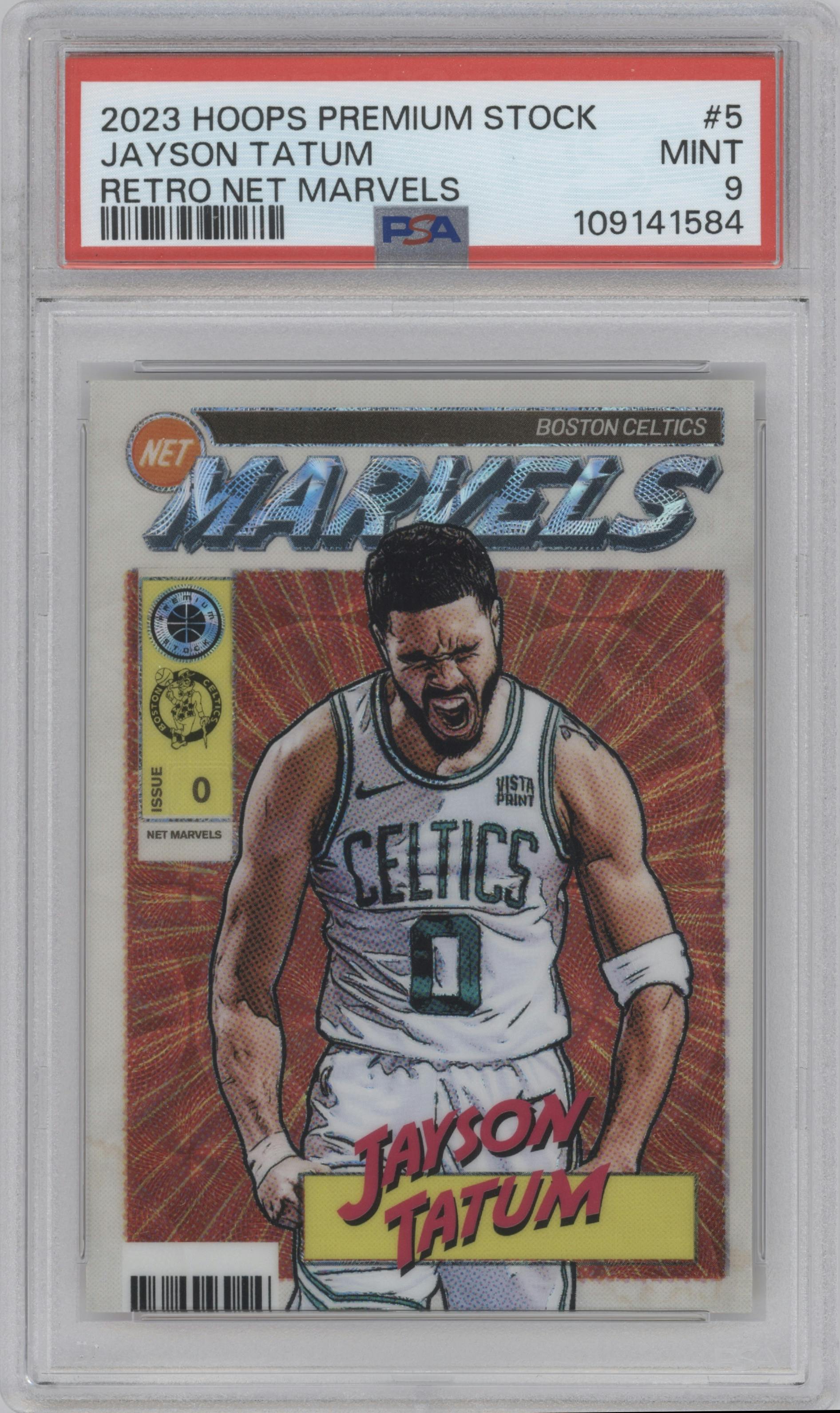 Jayson Tatum from the 2023-24 Panini Hoops Premium Stock set graded by PSA and given an overall grade of 9.