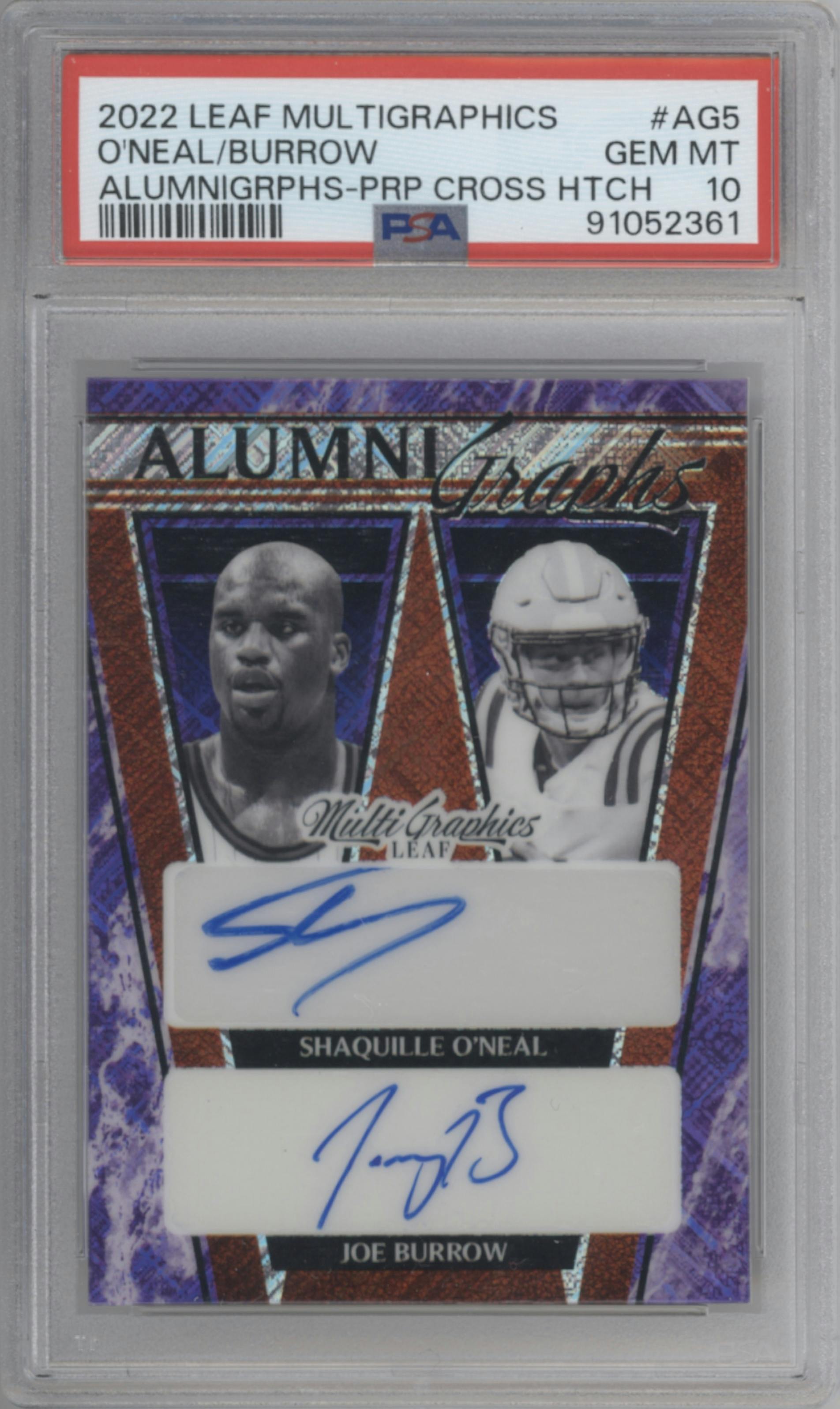 Shaquille O'Neal/Joe Burrow from the 2022-23 Leaf MultiGraphics set featuring a Purple Cross Hatch parallel graded by PSA and given an overall grade of 10.