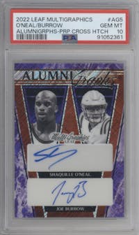 Shaquille O'Neal/Joe Burrow from the 2022-23 Leaf MultiGraphics set featuring a Purple Cross Hatch parallel graded by PSA and given an overall grade of 10.