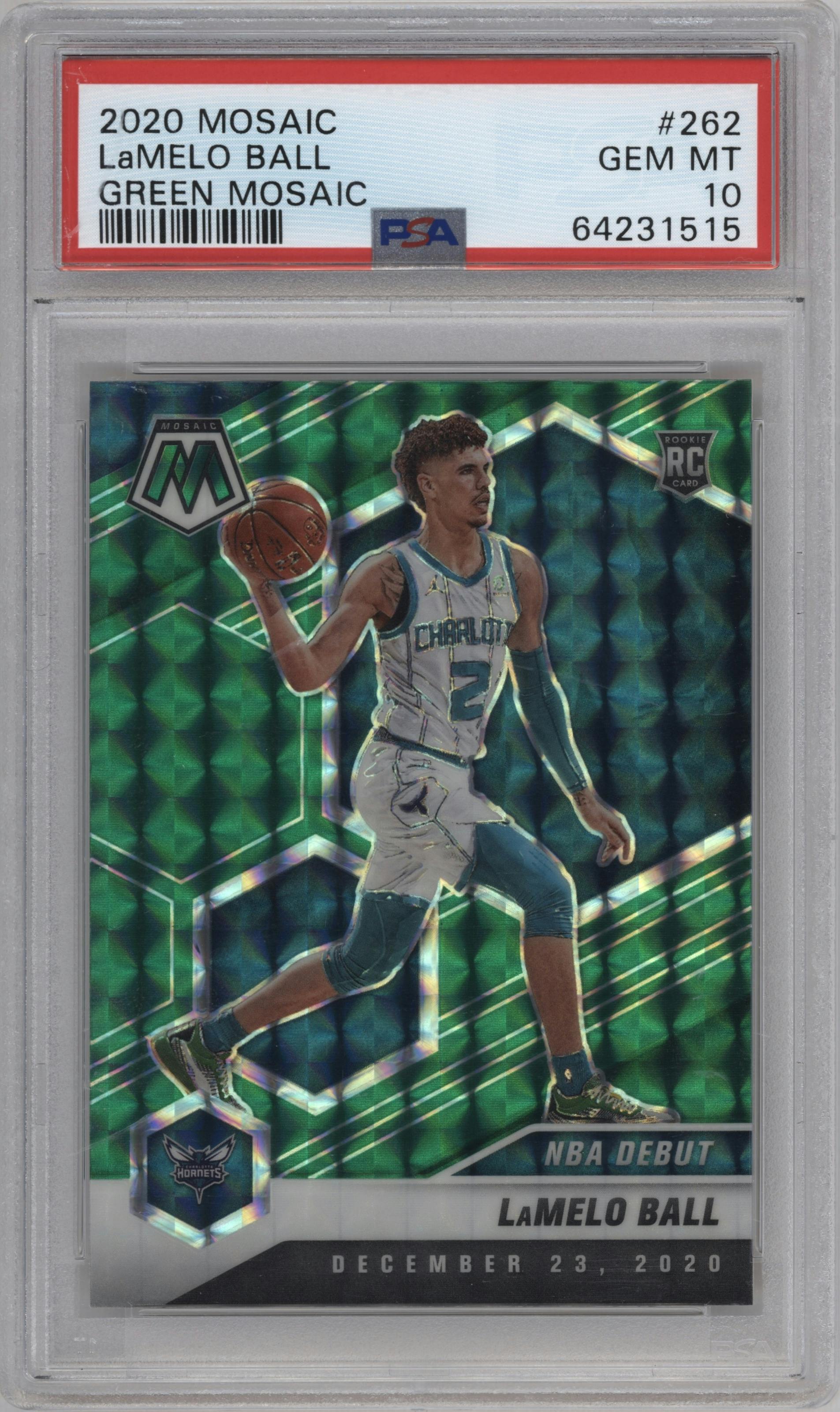 LaMelo Ball from the 2020-21 Panini Mosaic set featuring a Green Mosaic parallel graded by PSA and given an overall grade of 10.