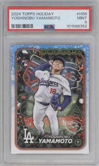 Yoshinobu Yamamoto from the 2024 Topps Holiday set graded by PSA and given an overall grade of 9.