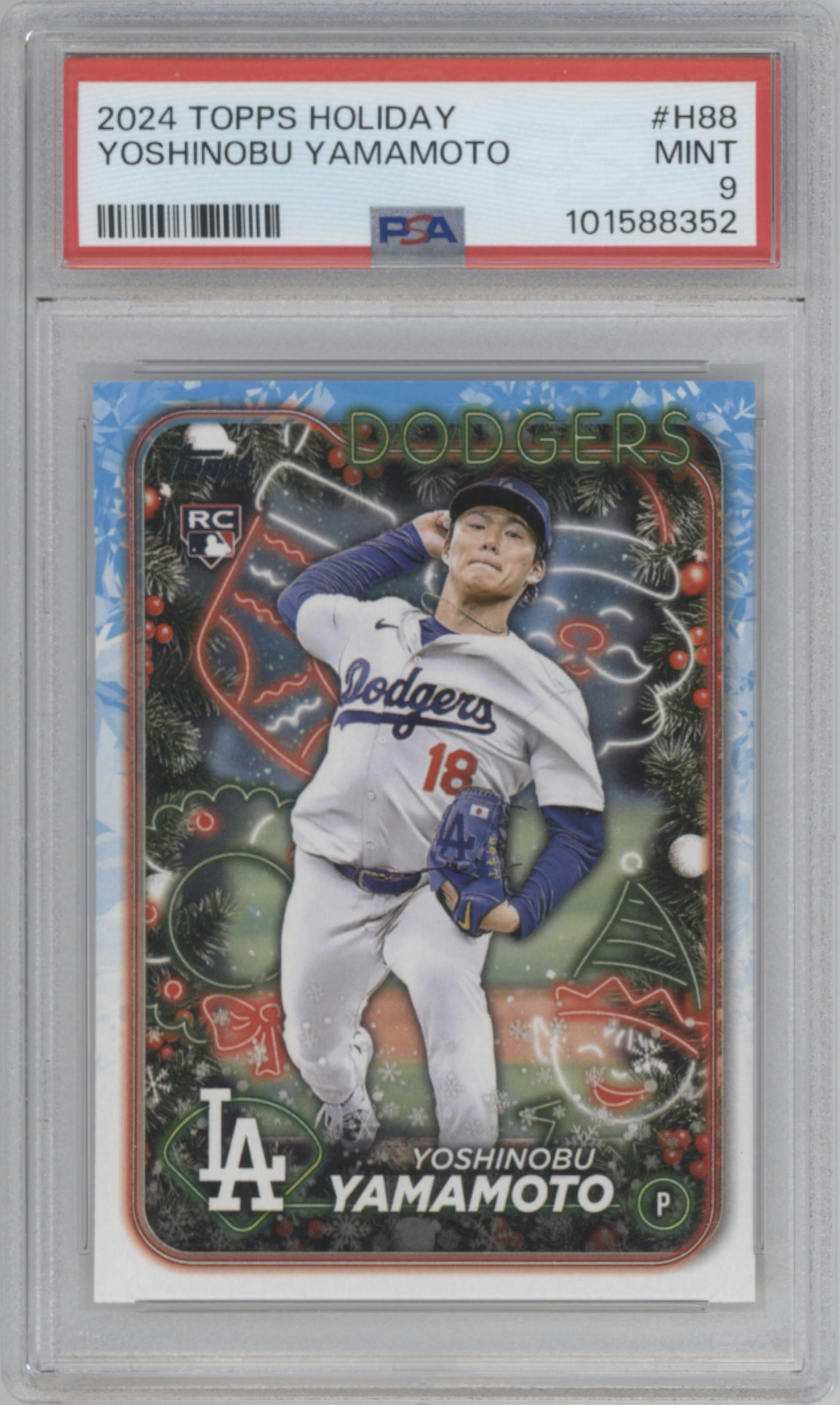 Yoshinobu Yamamoto from the 2024 Topps Holiday set graded by PSA and given an overall grade of 9.