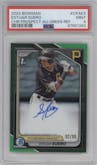 Estuar Suero from the 2024 Bowman set featuring a Green Refractor parallel graded by PSA and given an overall grade of 9.