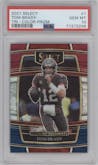 Tom Brady from the 2021 Panini Select set featuring a Tri-Color parallel graded by PSA and given an overall grade of 10.