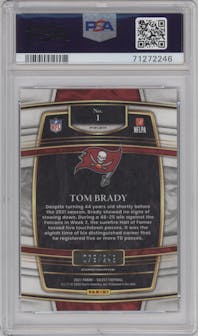 Tom Brady from the 2021 Panini Select set featuring a Tri-Color parallel graded by PSA and given an overall grade of 10.