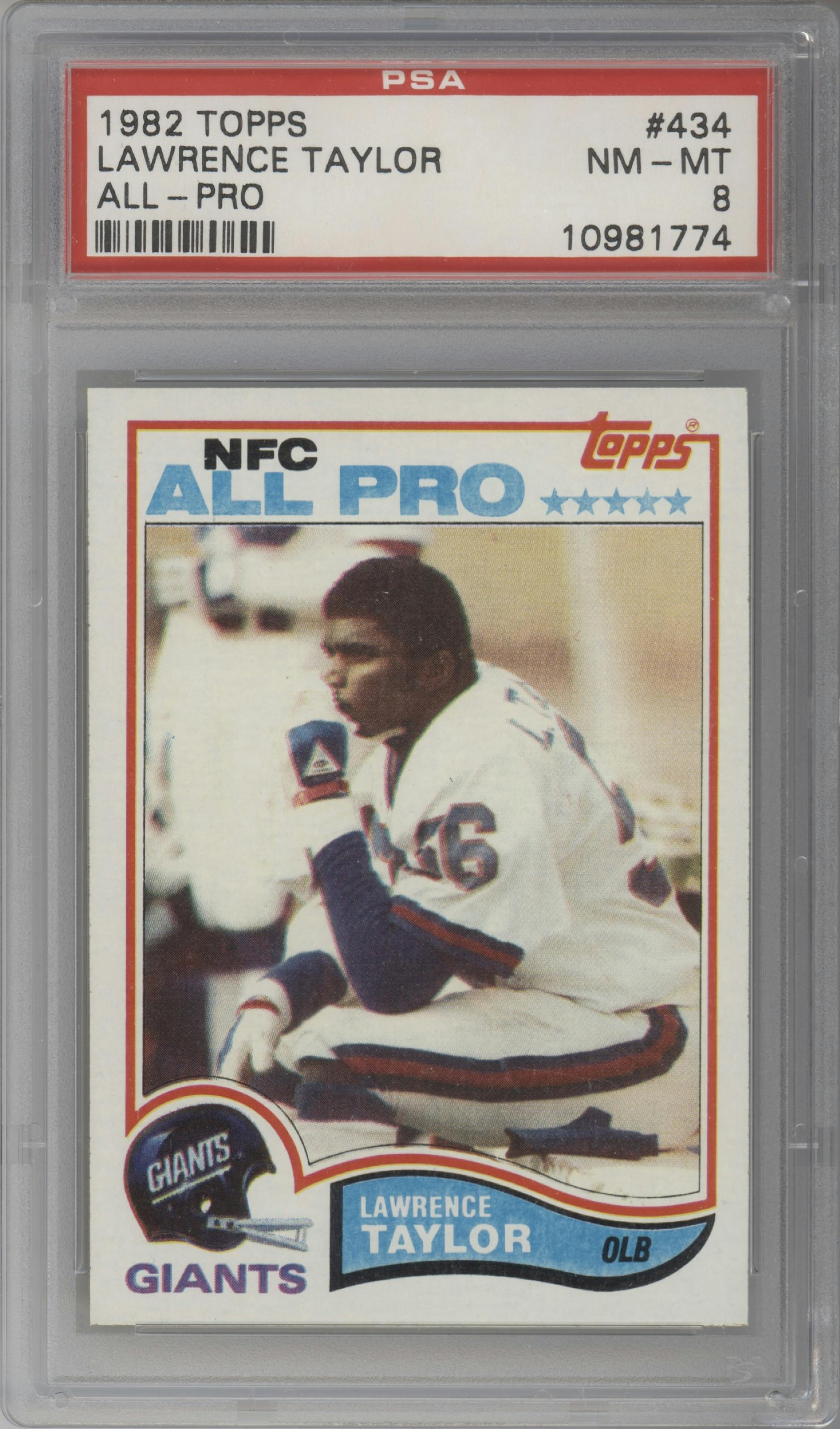 Lawrence Taylor from the 1982 Topps set graded by PSA and given an overall grade of 8.