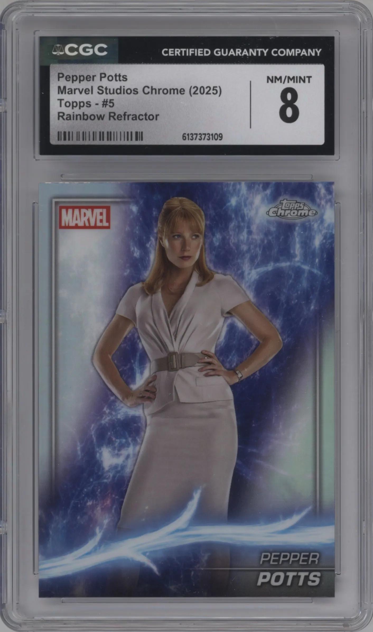 2025 Topps Chrome Marvel Studios Pepper Potts Rainbow Refractor #5 CGC 8