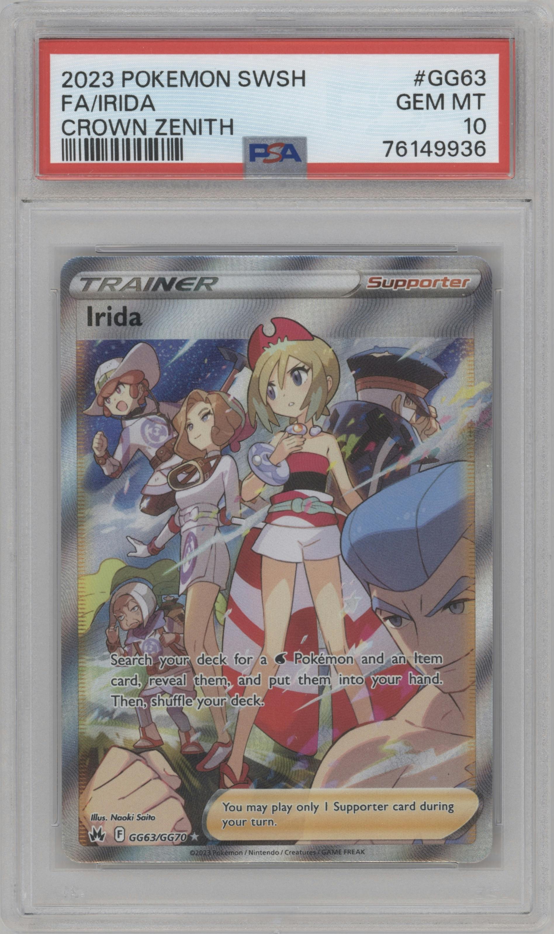Irida from the 2023 Pokemon SWSH set graded by PSA and given an overall grade of 10.