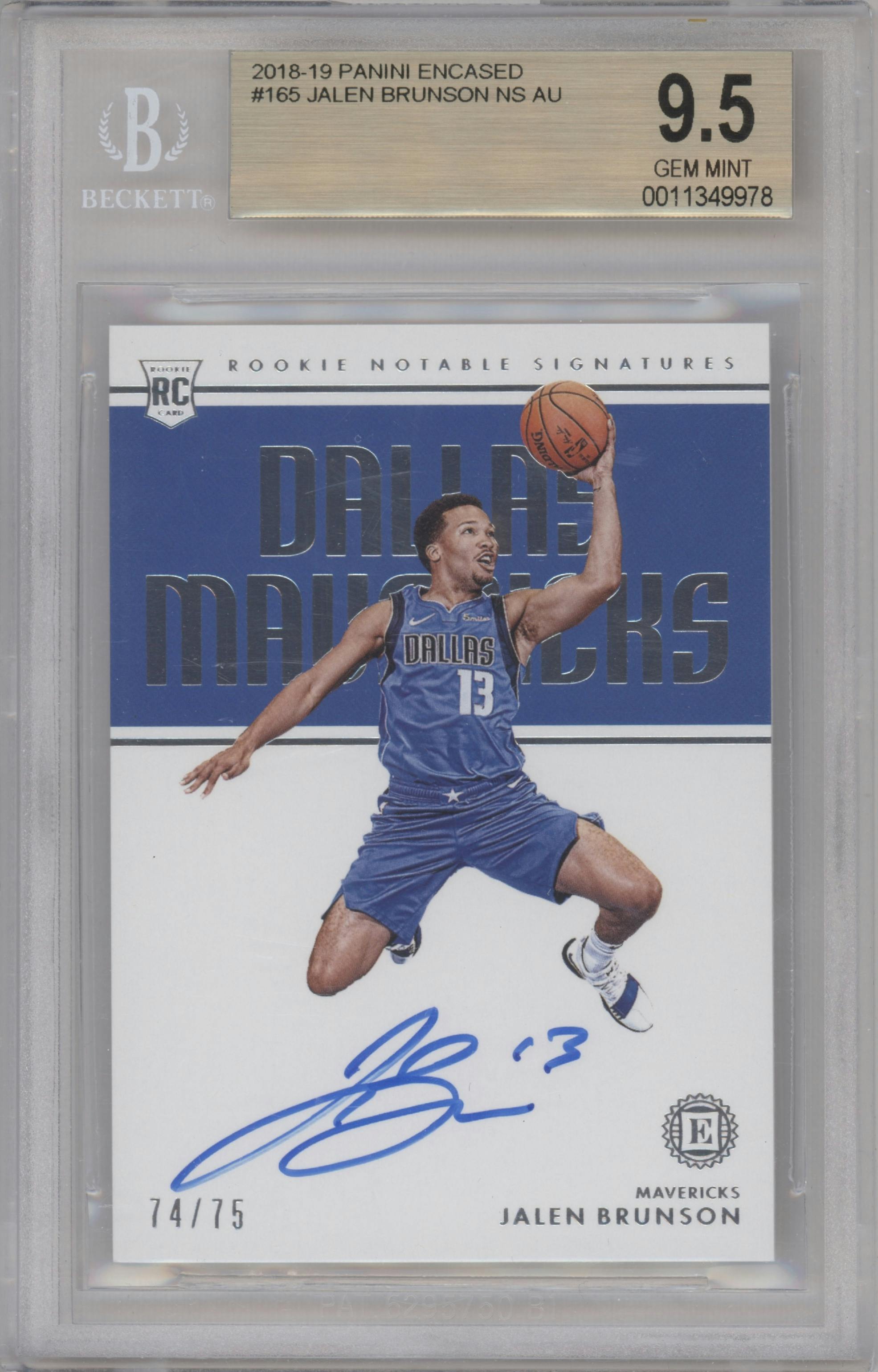Jalen Brunson from the 2018-19 Panini Encased set graded by Beckett and given an overall grade of 9.5.