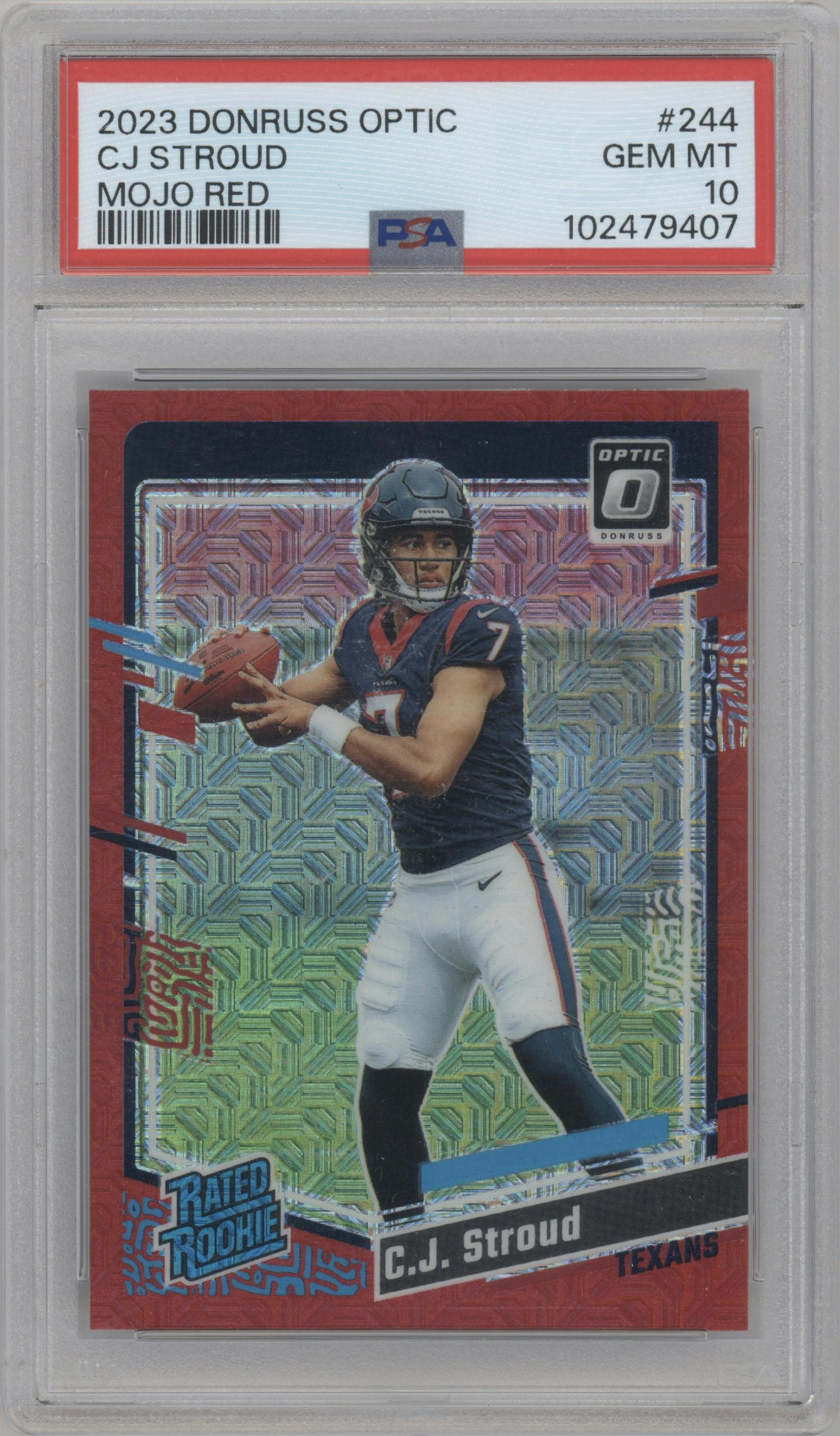 C.J. Stroud from the 2023 Donruss Optic set featuring a Red Mojo  parallel graded by PSA and given an overall grade of 10.