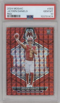 Jayden Daniels from the 2024 Panini Mosaic set featuring a Red Mosaic parallel graded by PSA and given an overall grade of 10.