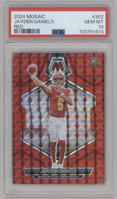 Jayden Daniels from the 2024 Panini Mosaic set featuring a Red Mosaic parallel graded by PSA and given an overall grade of 10.
