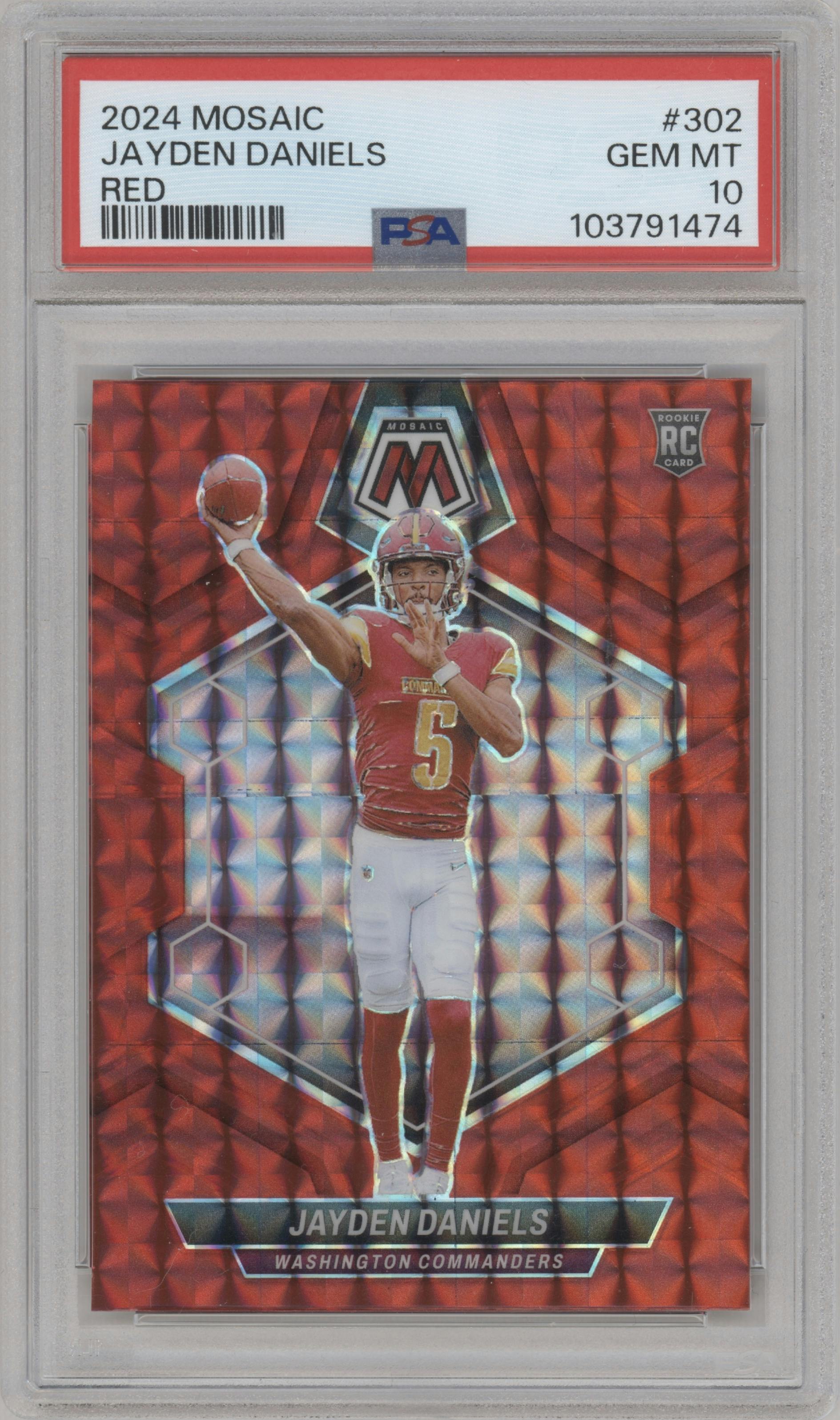 Jayden Daniels from the 2024 Panini Mosaic set featuring a Red Mosaic parallel graded by PSA and given an overall grade of 10.