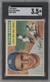 Yogi Berra from the 1956 Topps set featuring a Gray Back parallel graded by SGC and given an overall grade of 3.5.