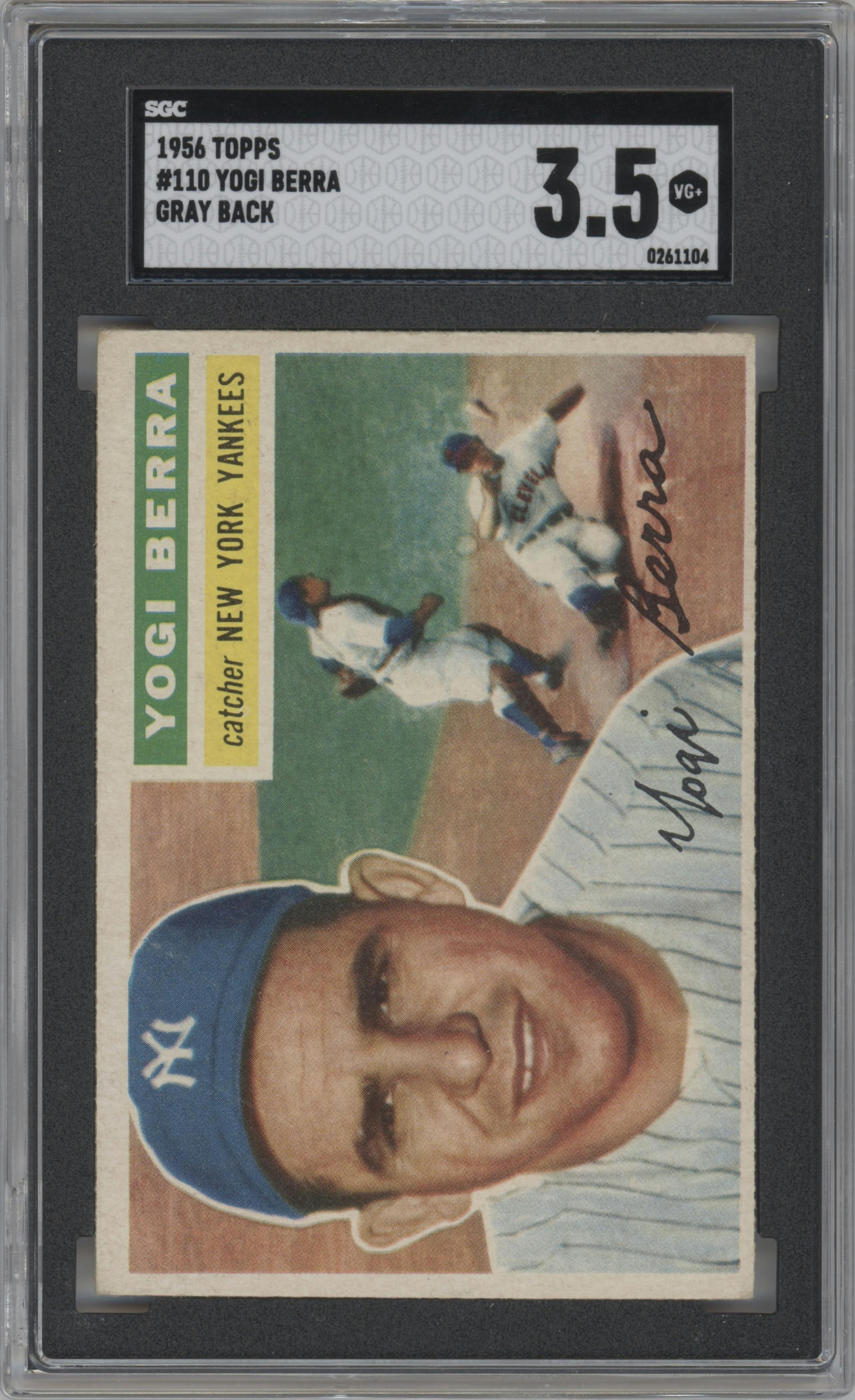 Yogi Berra from the 1956 Topps set featuring a Gray Back parallel graded by SGC and given an overall grade of 3.5.