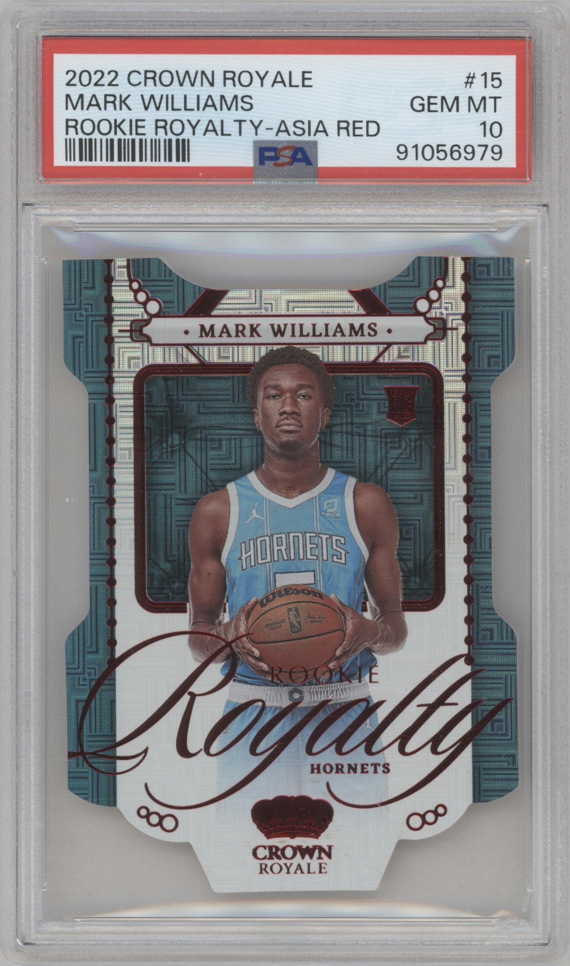 Mark Williams from the 2022-23 Panini Crown Royale set featuring a Asia Red parallel graded by PSA and given an overall grade of 10.