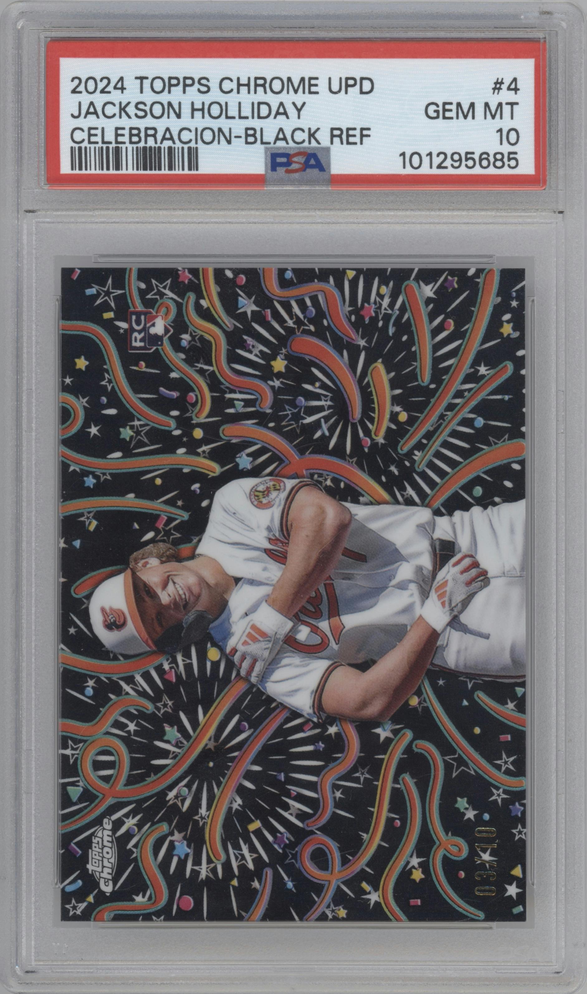 Jackson Holliday from the 2024 Topps Chrome Update set featuring a Black Refractor parallel graded by PSA and given an overall grade of 10.