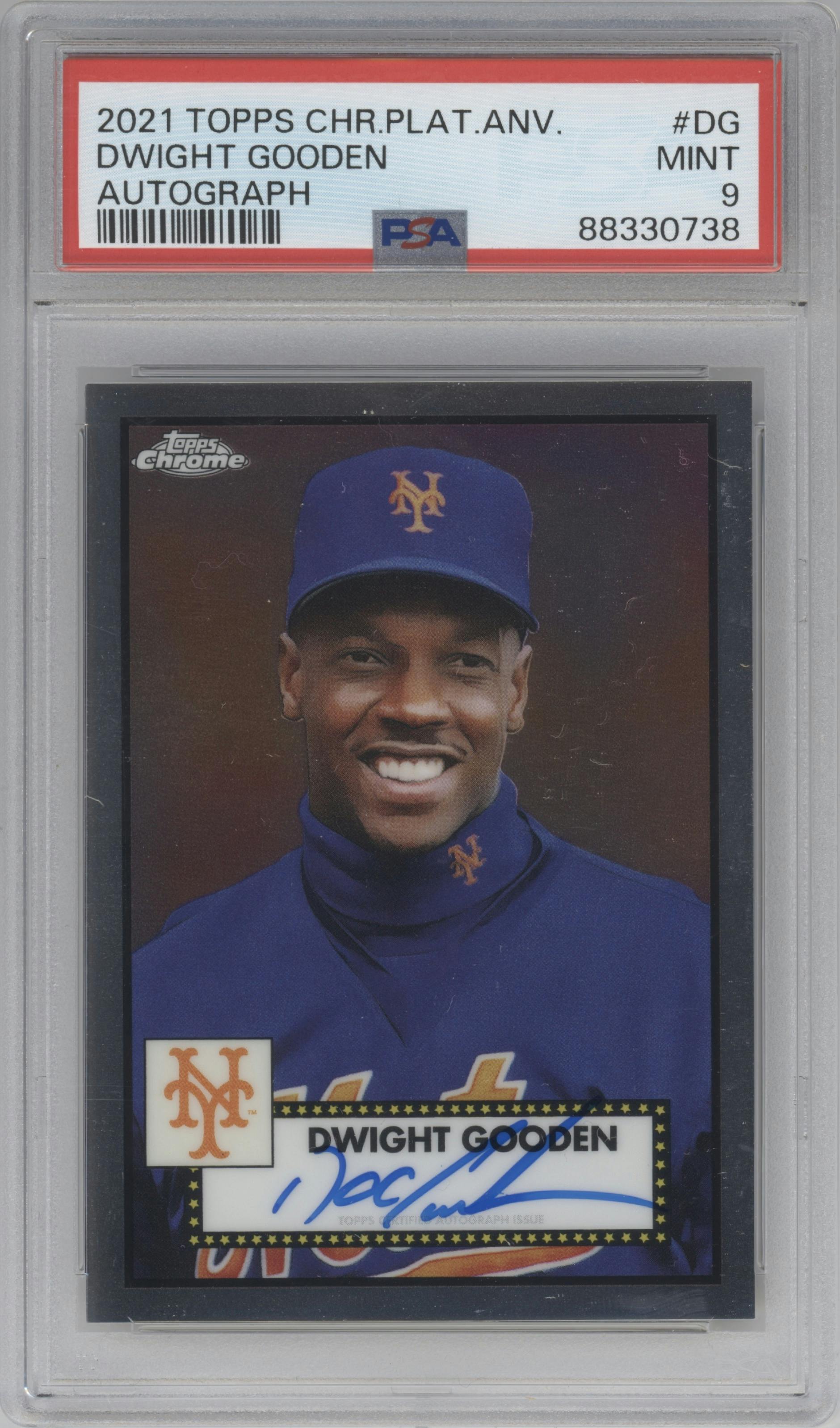 Dwight Gooden from the 2021 Topps Chrome Platinum Anniversary set graded by PSA and given an overall grade of 9.