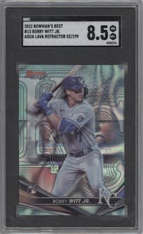 Bobby Witt Jr. from the 2022 Bowman’s Best   set featuring a Aqua Lava Refractor parallel graded by SGC and given an overall grade of 8.5.