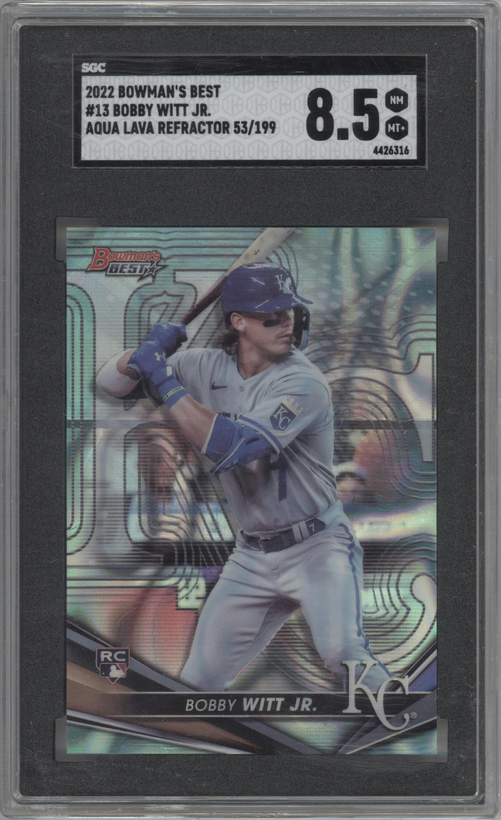 Bobby Witt Jr. from the 2022 Bowman’s Best   set featuring a Aqua Lava Refractor parallel graded by SGC and given an overall grade of 8.5.