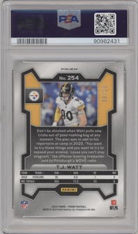 T.J. Watt from the 2023 Panini Prizm set featuring a Gold Prizm parallel graded by PSA and given an overall grade of 10.
