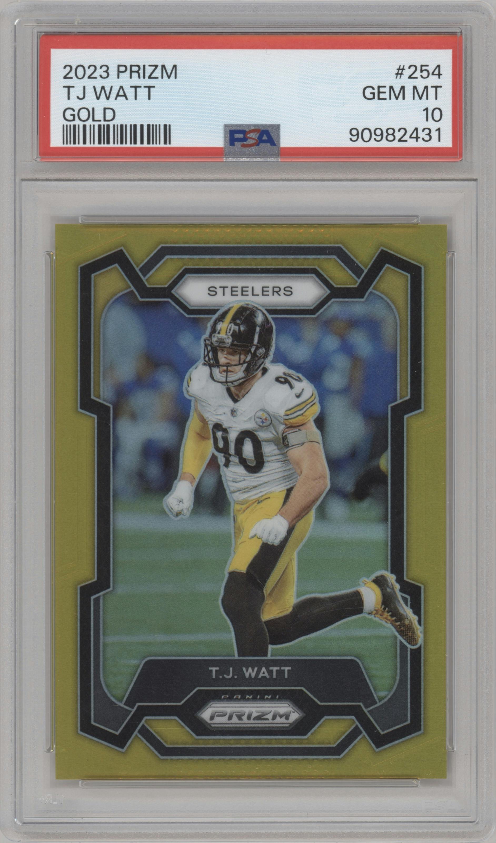 T.J. Watt from the 2023 Panini Prizm set featuring a Gold Prizm parallel graded by PSA and given an overall grade of 10.