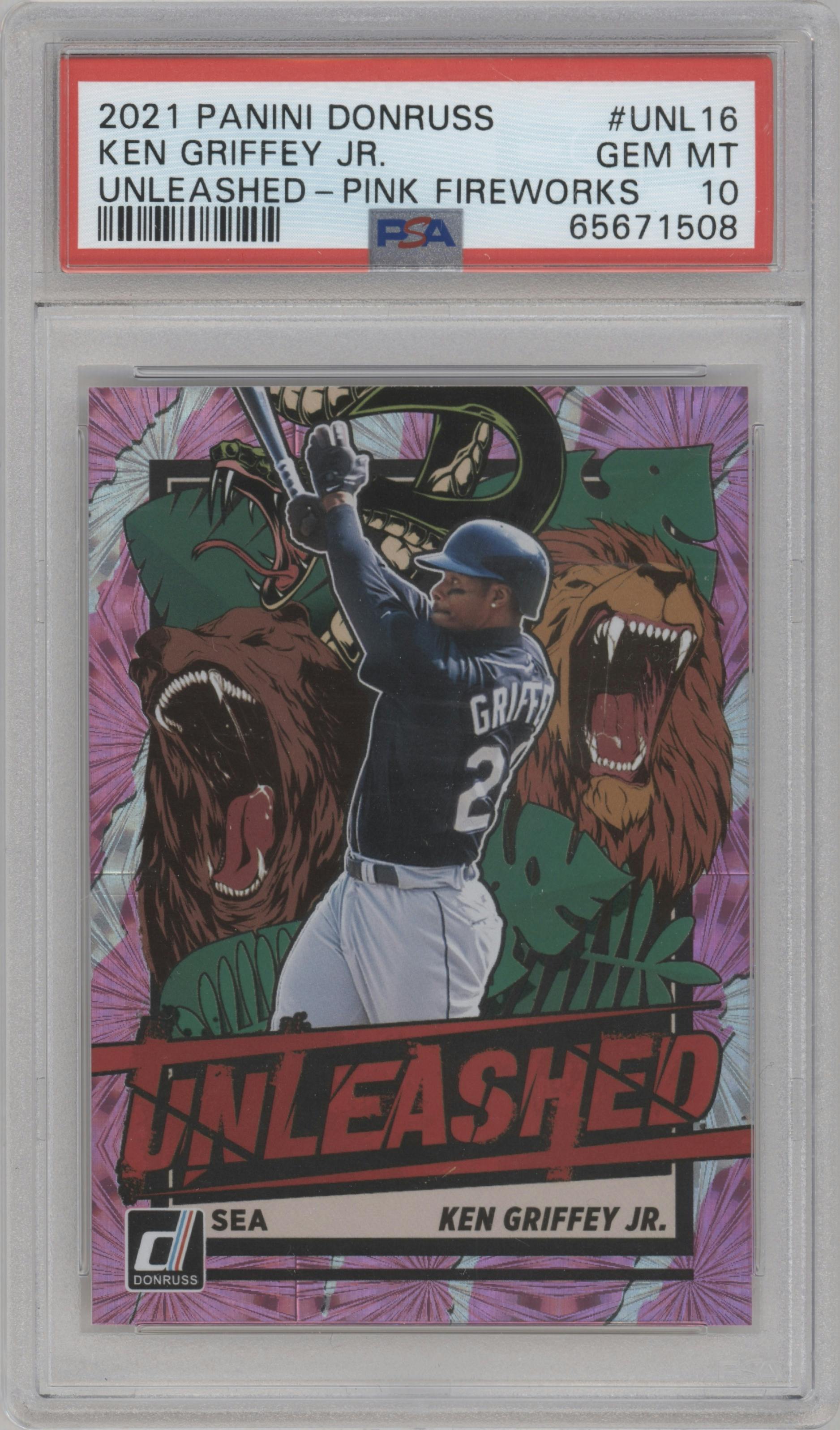 Ken Griffey Jr. from the 2021 Panini Donruss set featuring a Pink Fireworks parallel graded by PSA and given an overall grade of 10.
