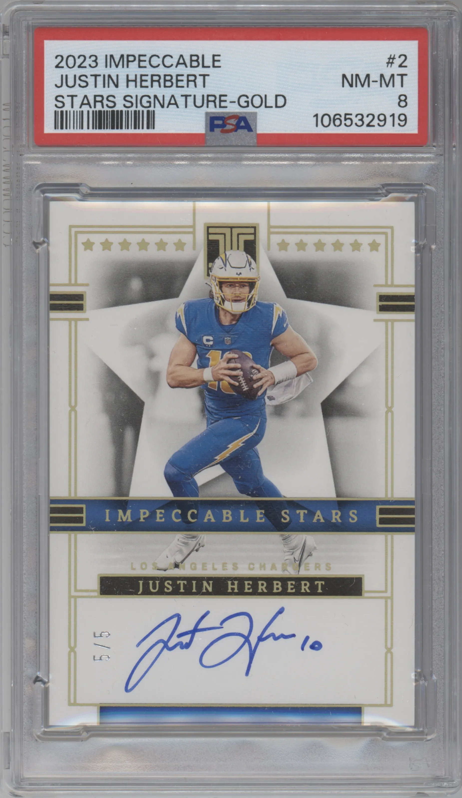2023 Panini Impeccable Impeccable Stars Sig. Justin Herbert Gold #2 PSA 8