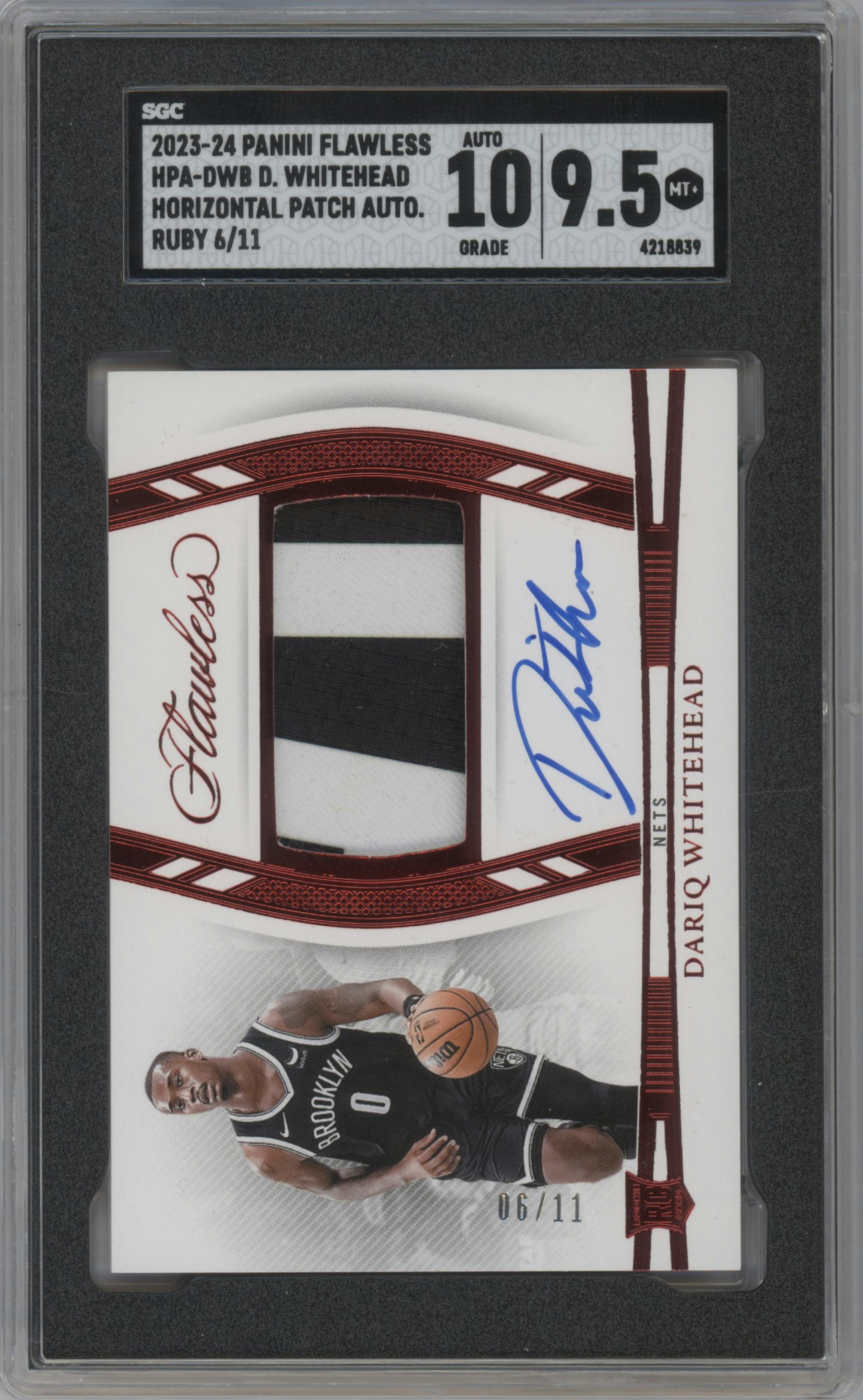 Dariq Whitehead from the 2023-24 Panini Flawless set featuring a Ruby parallel graded by SGC and given an overall grade of 9.5.