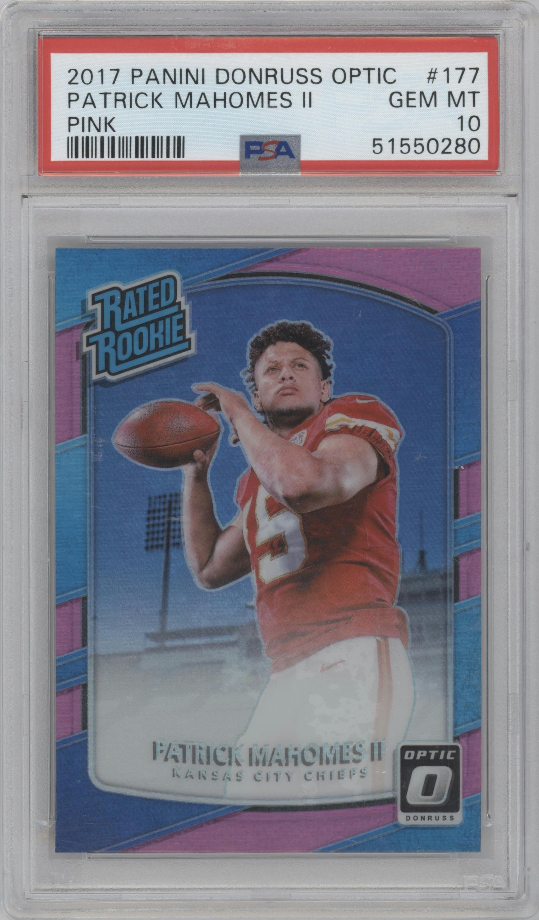 Patrick Mahomes II from the 2017 Panini Donruss Optic set featuring a Pink parallel graded by PSA and given an overall grade of 10.