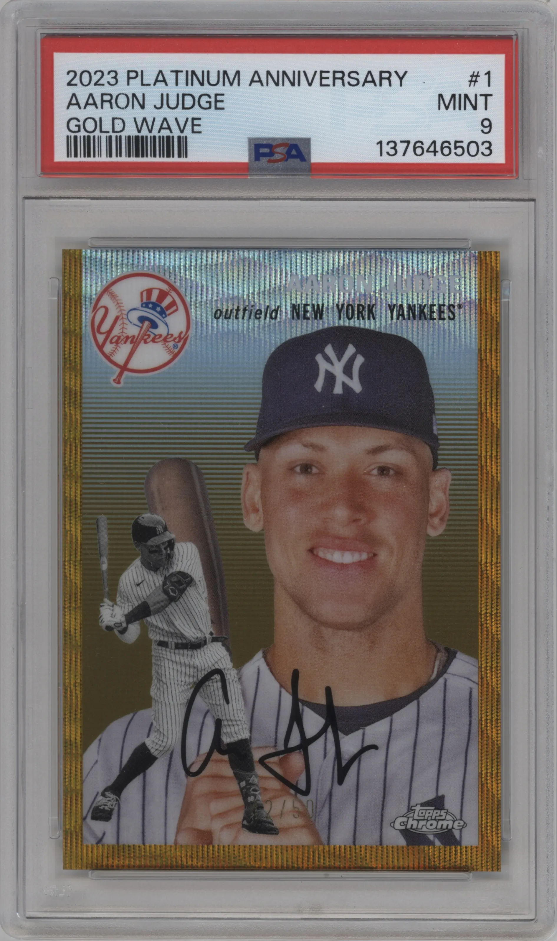 2023 Topps Chrome Platinum Anniversary Aaron Judge Gold Wave Refractor #1 PSA 9