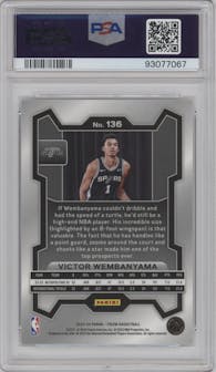 Victor Wembanyama from the 2023-24 Panini Prizm set graded by PSA and given an overall grade of 10.