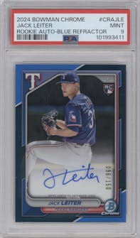 Jack Leiter from the 2024 Bowman Chrome set featuring a Blue Refractor parallel graded by PSA and given an overall grade of 9.