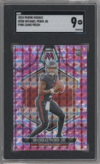Michael Penix Jr. from the 2024 Panini Mosaic set featuring a Pink Camo parallel graded by SGC and given an overall grade of 9.