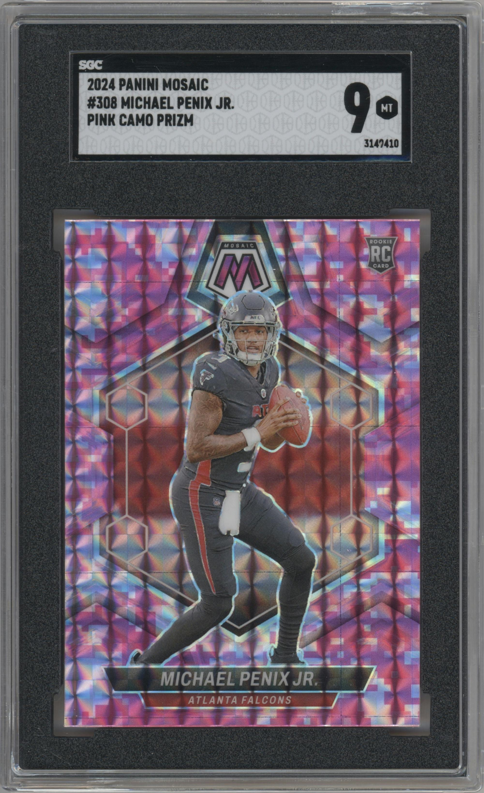 Michael Penix Jr. from the 2024 Panini Mosaic set featuring a Pink Camo parallel graded by SGC and given an overall grade of 9.
